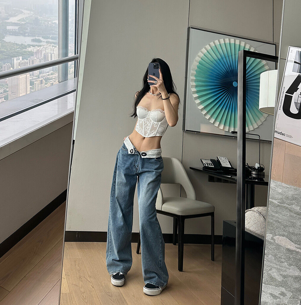 DQSTORE Jeanshose für Damen mit hoher Taille und weitem Bein, hellfarbiges Baumwollmaterial, Frühlings- und Sommersaison, ideal für Geburtstagsfeiern von 18-24