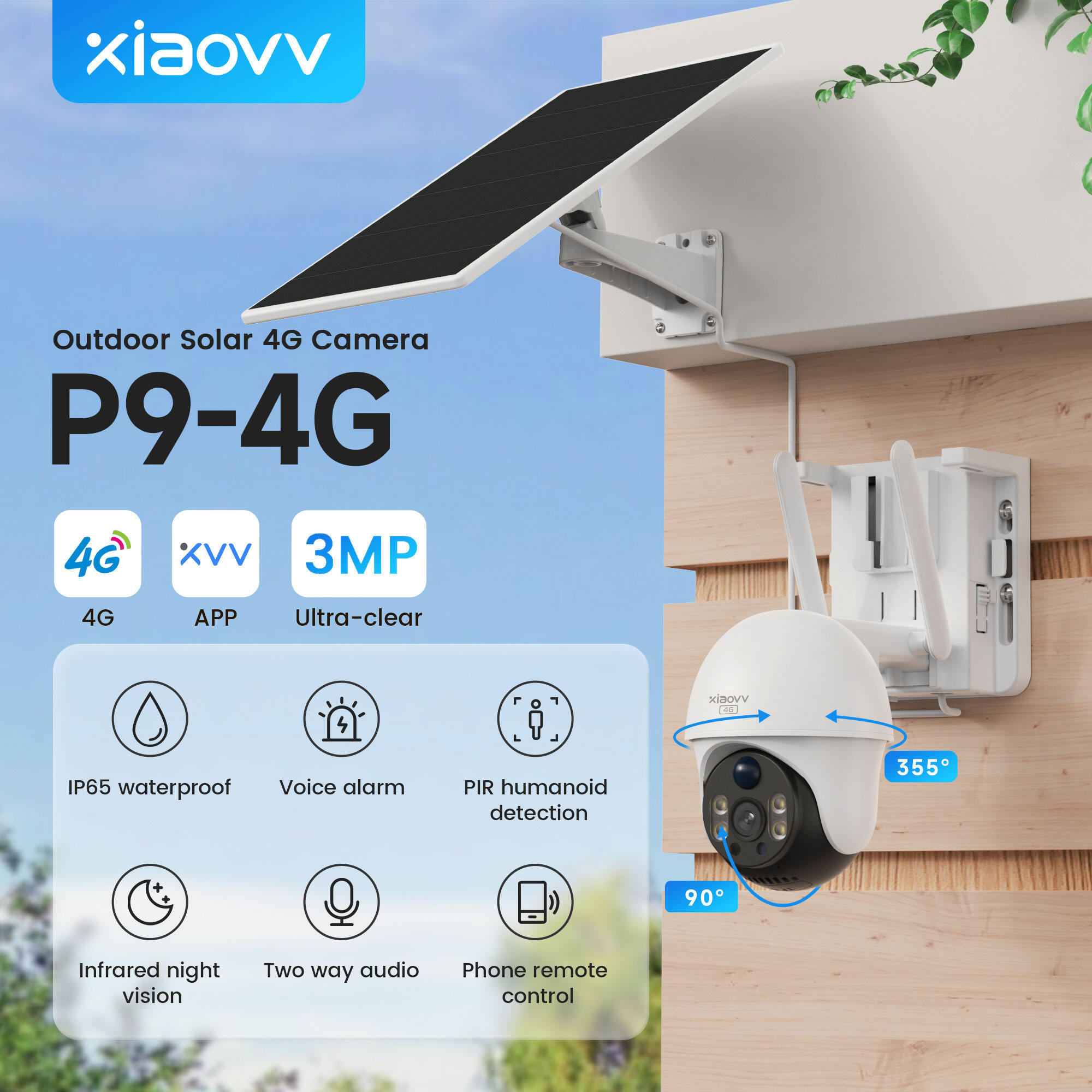Xiaovv P9 Pro 4G Outdoor Solar PTZ Camera 2K HD 1296P Cctv Wireless IP65 Waterproof Full Color Night Vision PIR Motion Detection Two-way Audio Home Security Monitor 100% Genuine