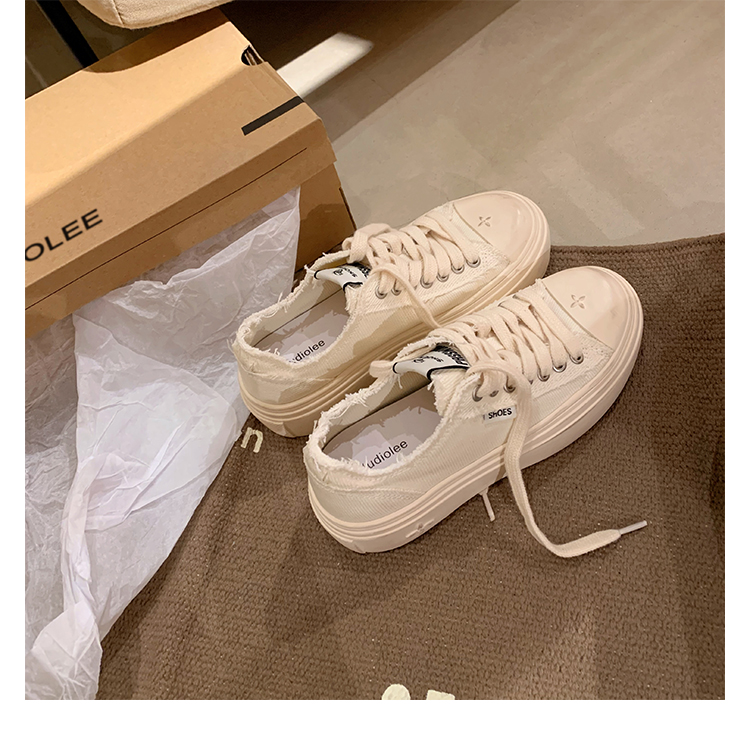 Women's Low Top round Toe Laced Canvas Shoes Thick Bottom Cross Pattern White Sneakers Worn in Dirty Looking Shoes · v11