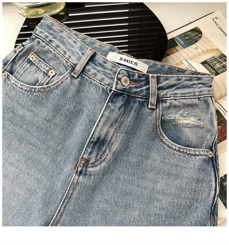 American Style Vintage Blue High Waist Wide Leg Jeans Women Loose Slim Straight Long Pants X-mier Denim Trousers for Ladies · v2