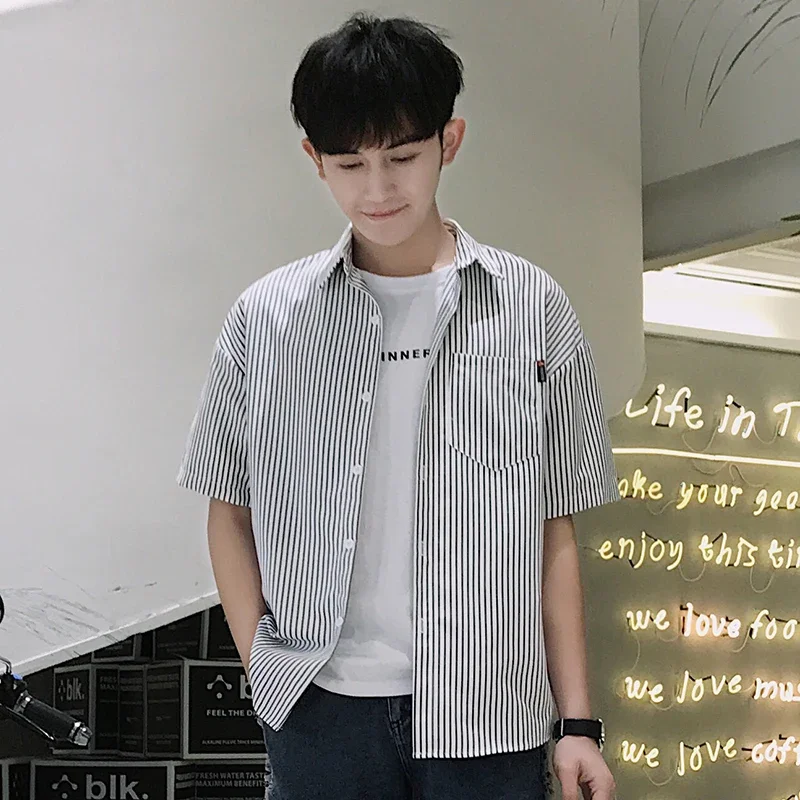 Short-Sleeved Shirt Men's Summer Short-Sleeved Korean Casual Loose Hong Kong Style Striped Half Sleeve White Harajuku Style Men's Shirt