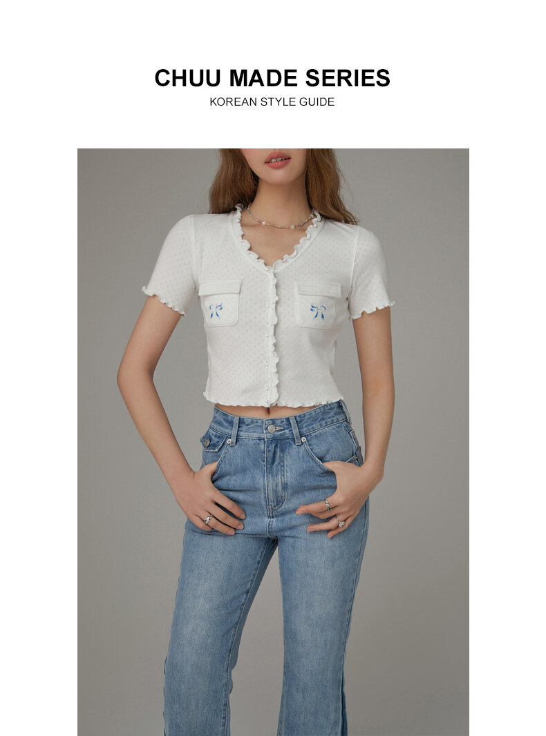 Chuu Butterfly Knot Embroidery Short Sleeve T-Shirt Women's New Summer Spicy Hollow out Ear Short Top Korean Style Cotton V-neck