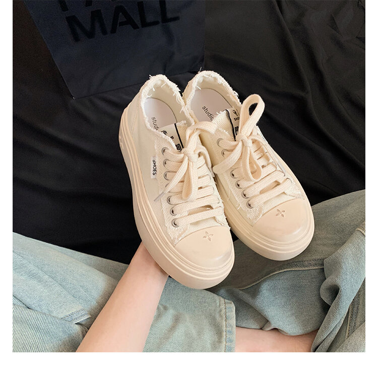 Women's Low Top round Toe Laced Canvas Shoes Thick Bottom Cross Pattern White Sneakers Worn in Dirty Looking Shoes · v11