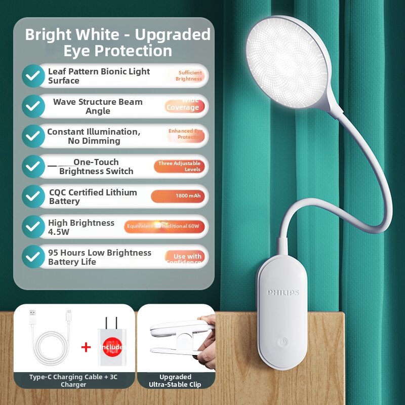 Philips | Philips Eye-Protection Reading Lamp Rechargeable Clip-On Desk Lamp for Student Dormitory Bedside Bookshelf Study Light