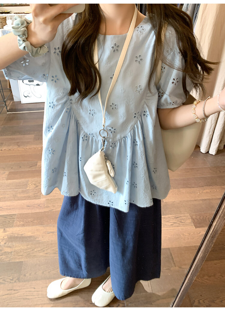 FF BLUE Summer Sunlight Cotton Embroidered Shirt Loose Short Sleeve Women's Casual Style round Neck Casual Fit Short Sleeve Top