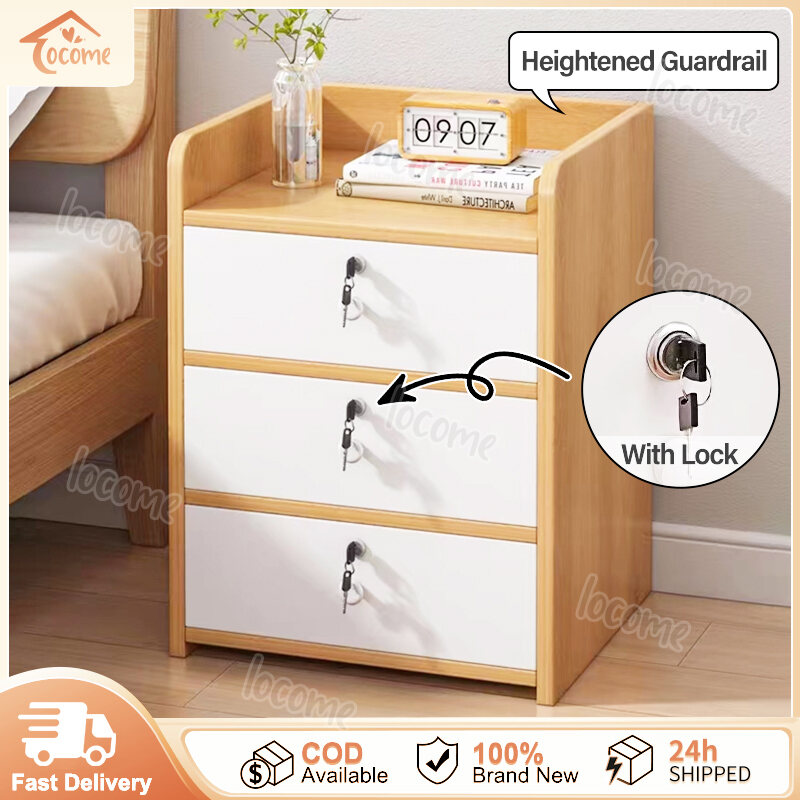 【With Lock】Nordic Modern Wooden Bedside Table For Bedroom With Drawer Nightstand Side Table Storage Cabinet Bedside Table With Lock