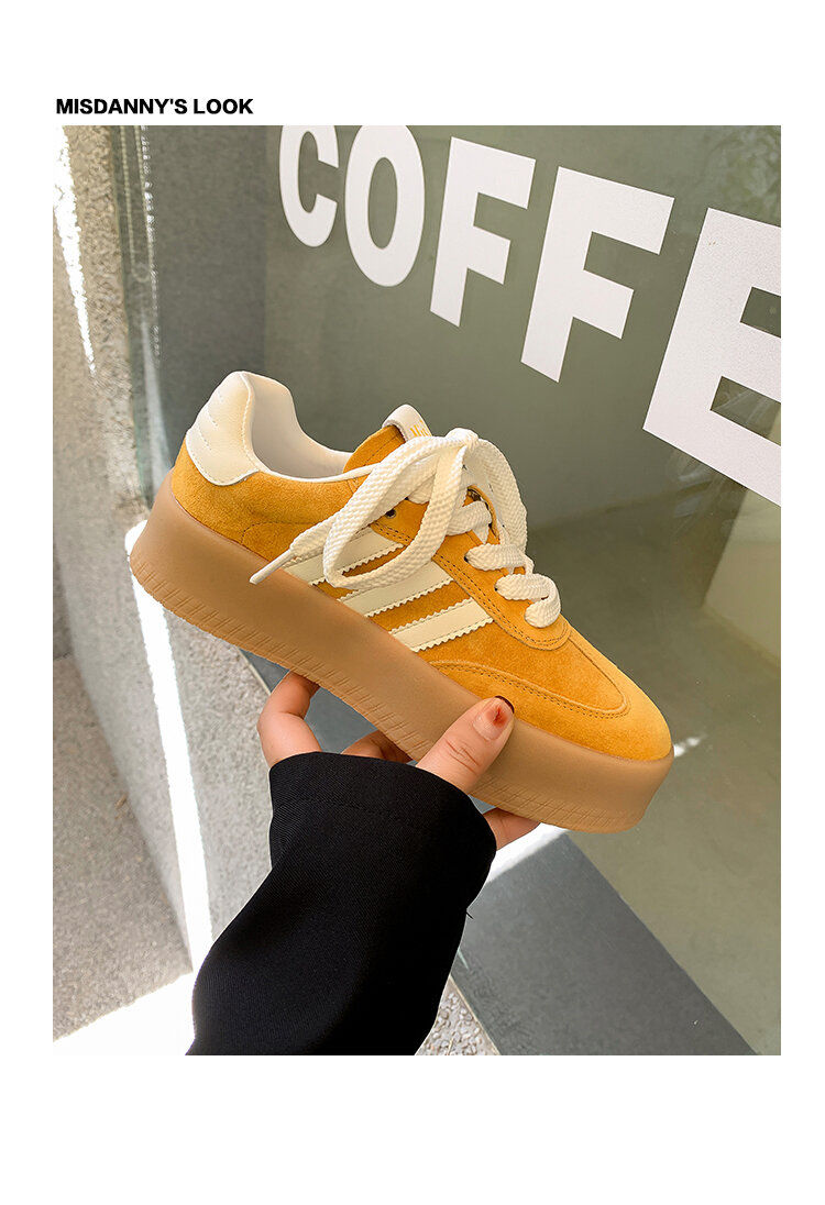 Yellow Genuine Leather Thick Bottom Deqin Shoes Women's Spring Style Casual All-Match Flat Heel Comfortable Sports Sneakers · v7