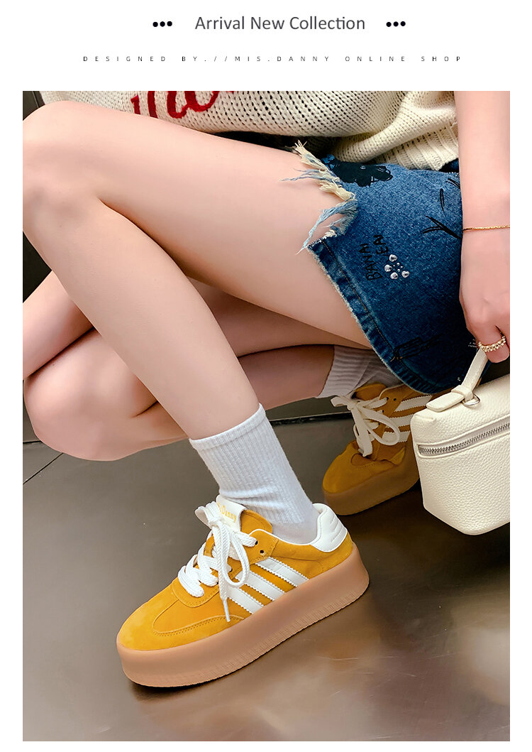 Yellow Genuine Leather Thick Bottom Deqin Shoes Women's Spring Style Casual All-Match Flat Heel Comfortable Sports Sneakers · v7