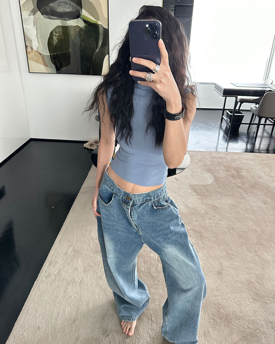 DQSTORE Jeanshose für Damen mit hoher Taille und weitem Bein, hellfarbiges Baumwollmaterial, Frühlings- und Sommersaison, ideal für Geburtstagsfeiern von 18-24