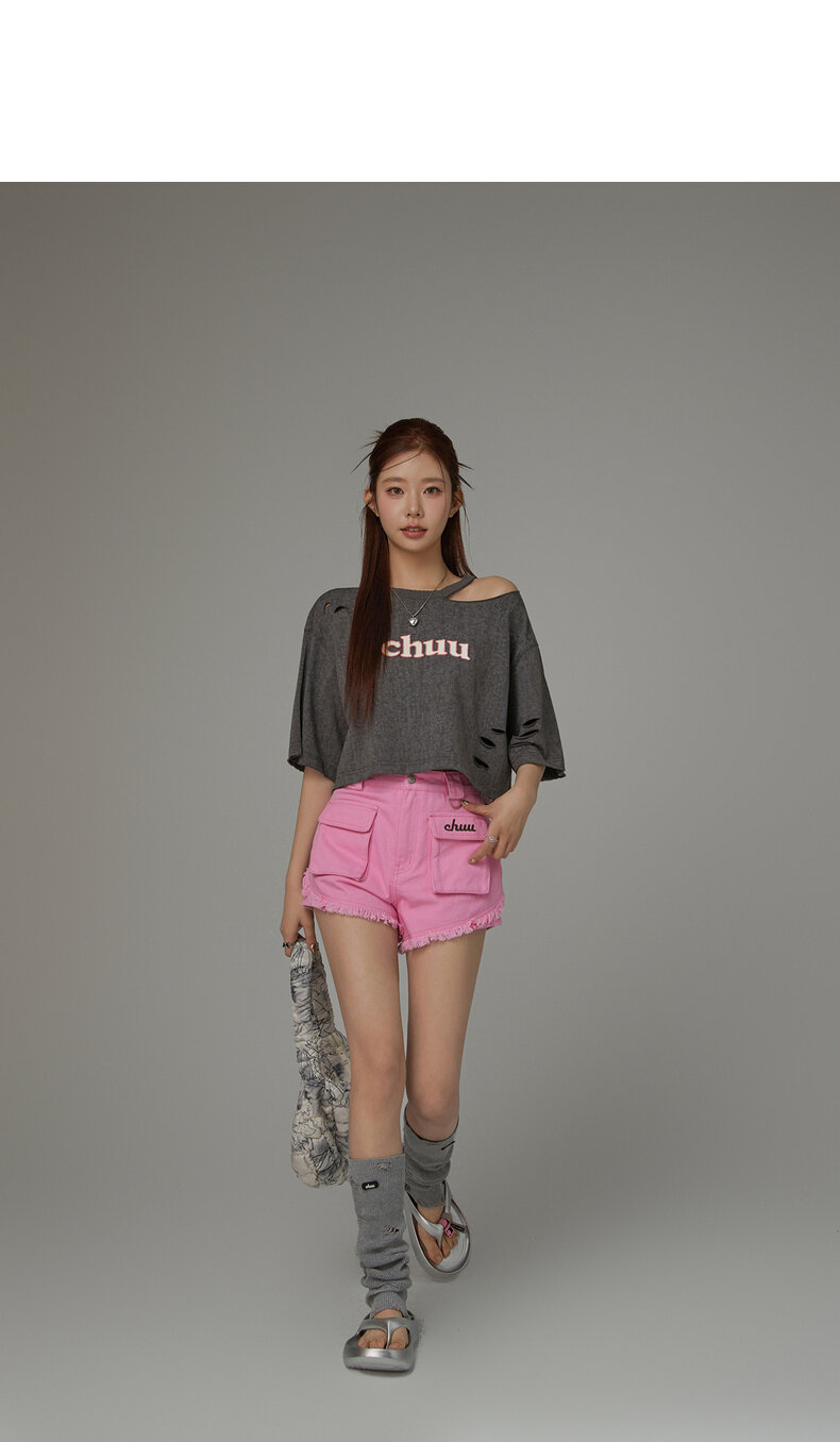 Chuu Letter Patch Embroidery Hole T-Shirt Women's Summer New Basic School Hollow out Shoulder Loose Top Asymmetrical Korean Style Cotton Polyester · v2