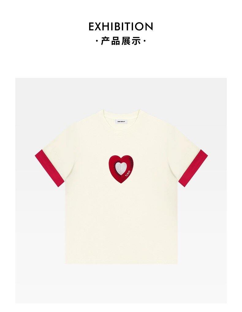 Ami about Official Website Stitched Design T-Shirt Pure Cotton Short Sleeve Summer Top Color Block Heart 3D Embroidery Sweet Style