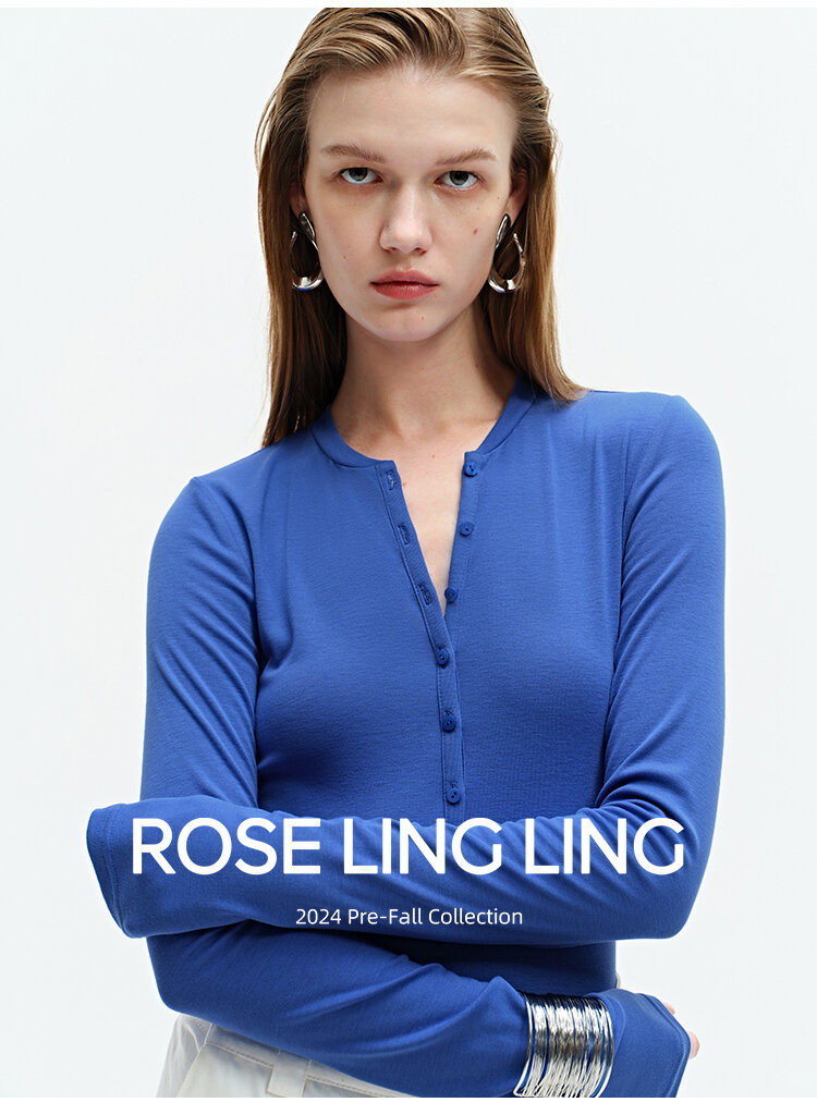 RoseLingLing Ultra-Fine Australian Silk Wool Blend Slimming Knit T-Shirt with Henley Collar for Women Casual Summer Style