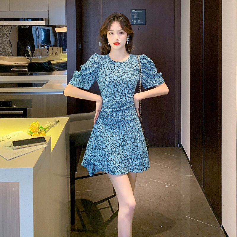 2022 Summer New Blue Puff Sleeve Floral 