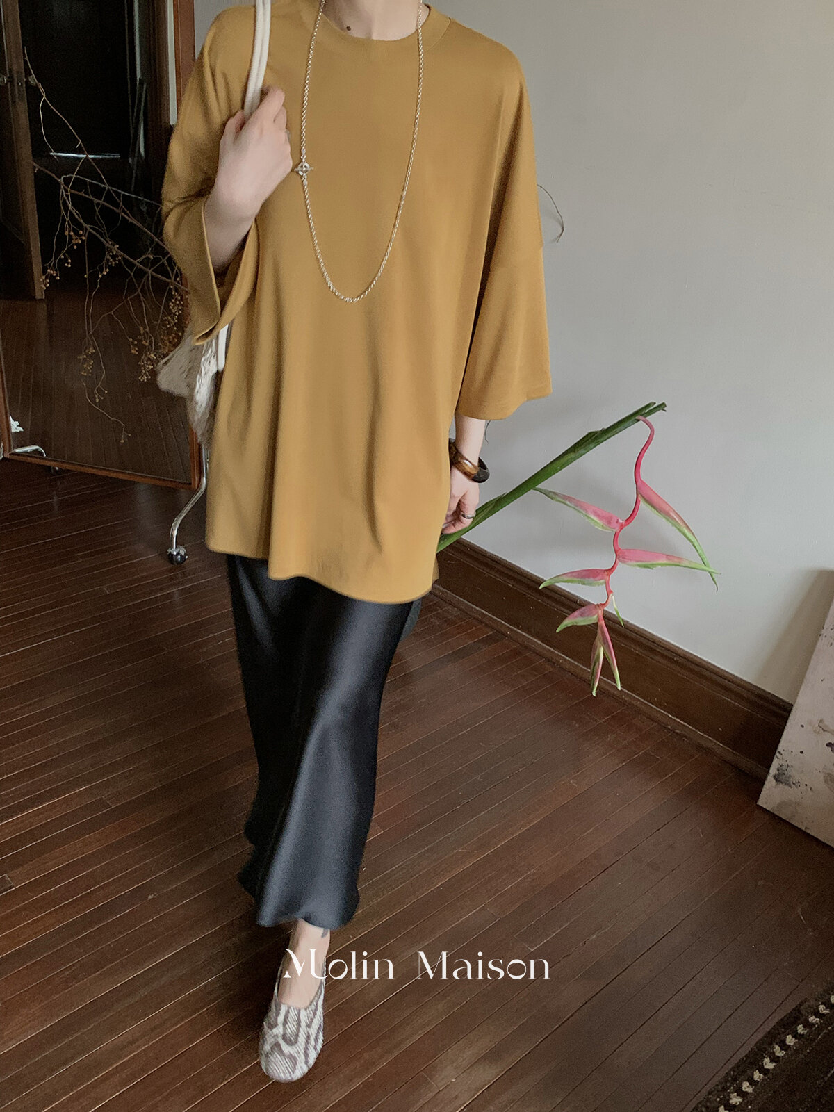 Molin ROW Batwing Sleeve T-Shirt Women's Loose Side Slit Oversize Summer Short Sleeve Cotton Polyester Blend round Neck Top