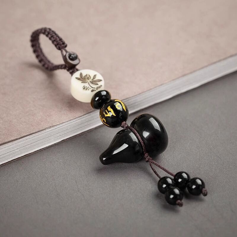 Natural Black Obsidian Gourd Pendant Car Keychain Womens Jewelry Small Hanging Ornament Bag Accessory Peace Lotus