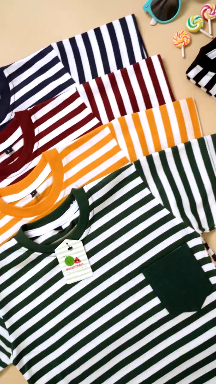 Baju Anak Bayi Laki-Laki Salur Pocket Kaos Balita Perempuan Garis Tshirt Strip Kasual Fashion Kids