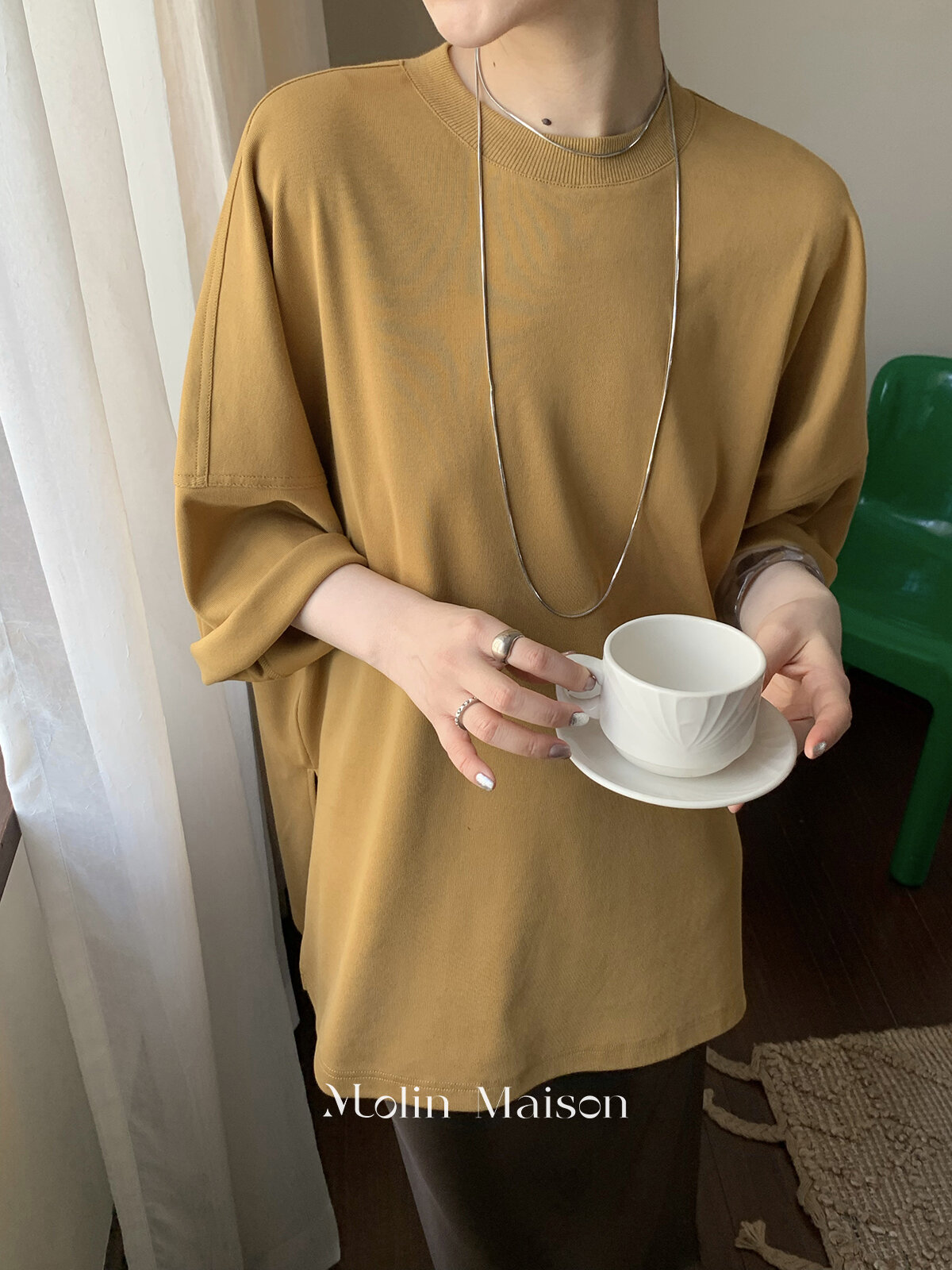 Molin ROW Batwing Sleeve T-Shirt Women's Loose Side Slit Oversize Summer Short Sleeve Cotton Polyester Blend round Neck Top