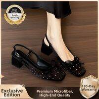 XUJIA | French Style Mid-Heel Peep Toe Black Shoes Bow Decoration