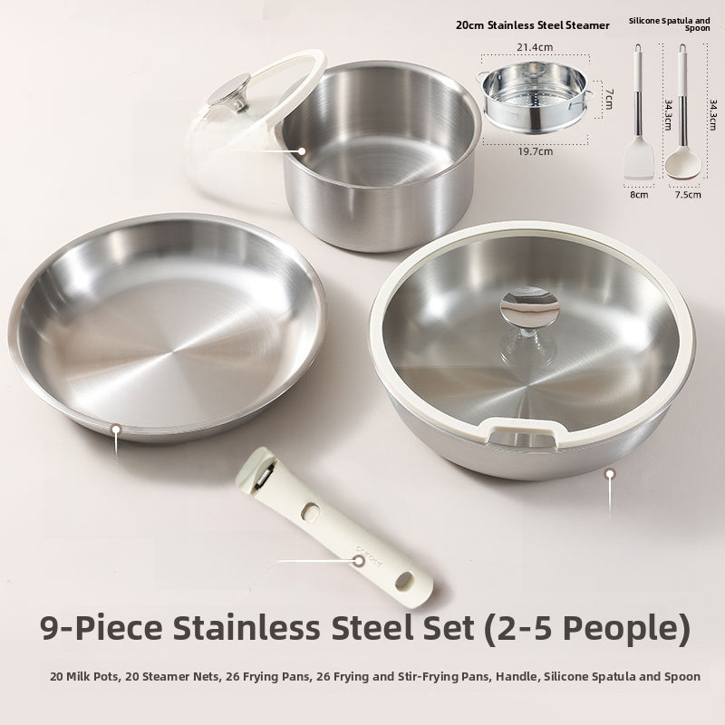 Carote Stainless Steel Non-Stick Removable Handle Frying Pan Milk Pot Set Home Use Cookware Set Single Layer Thick Bottom. 