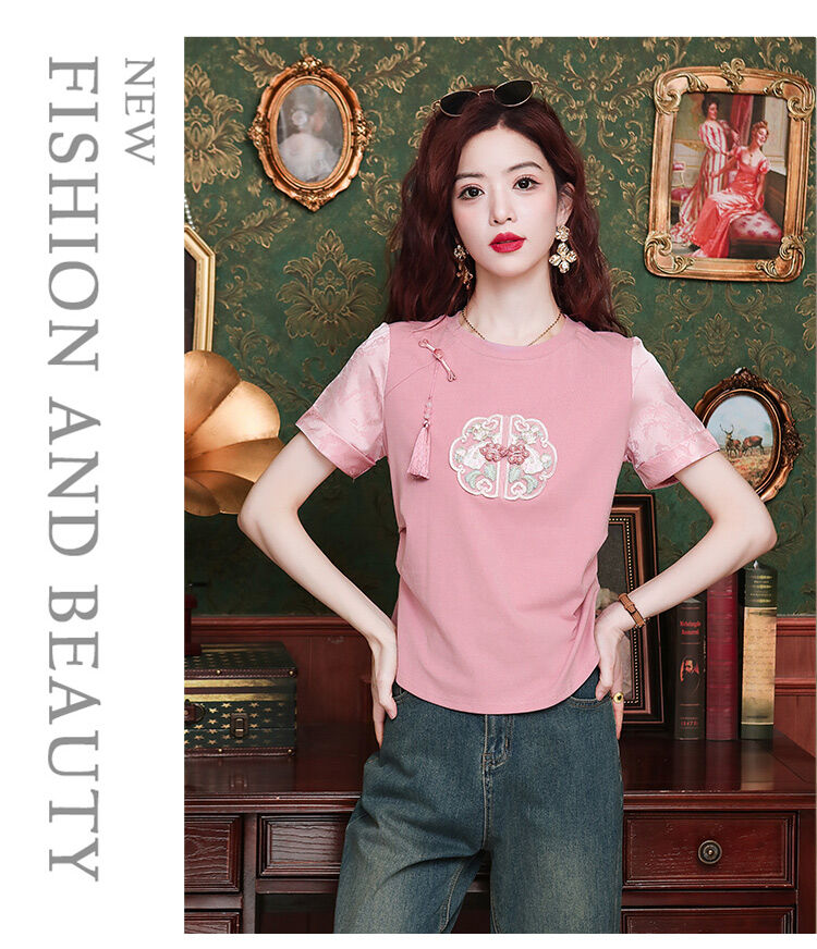 New Summer Chinese Style Women's Loose Fit Short Sleeve T-Shirt Embroidered Slimming Top Trendy round Neck Cotton Casual Wear · v3