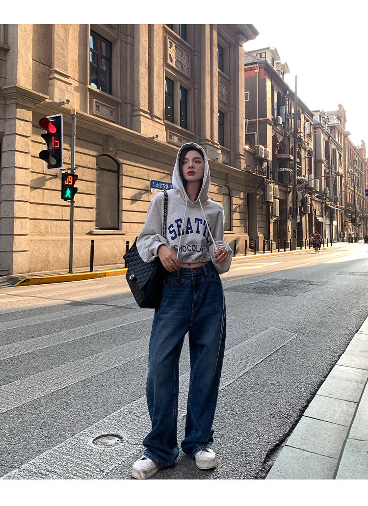 Chenmi Fan Blau Jeans mit hoher Taille und weitem Bein für Damen Herbst Neu Locker lässige gerade Hosen Hoch aussehende lange Hosen