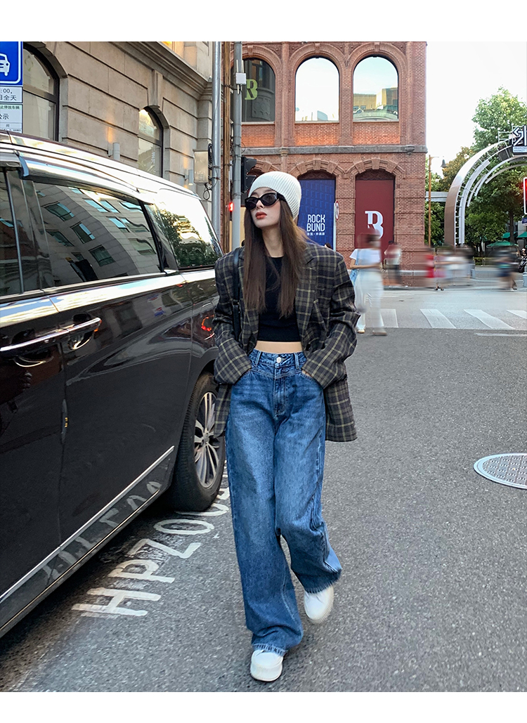 Chenmi Fan Blau Jeans mit hoher Taille und weitem Bein für Damen Herbst Neu Locker lässige gerade Hosen Hoch aussehende lange Hosen