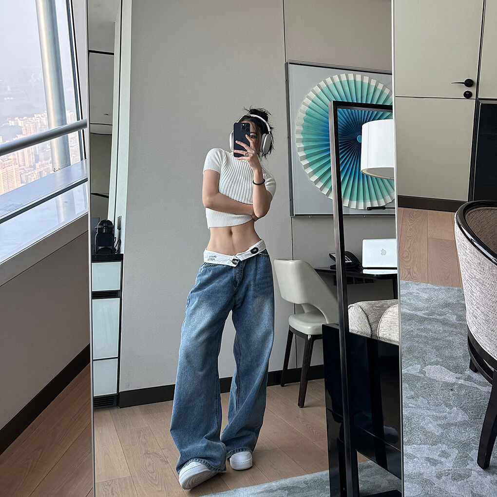 DQSTORE Jeanshose für Damen mit hoher Taille und weitem Bein, hellfarbiges Baumwollmaterial, Frühlings- und Sommersaison, ideal für Geburtstagsfeiern von 18-24