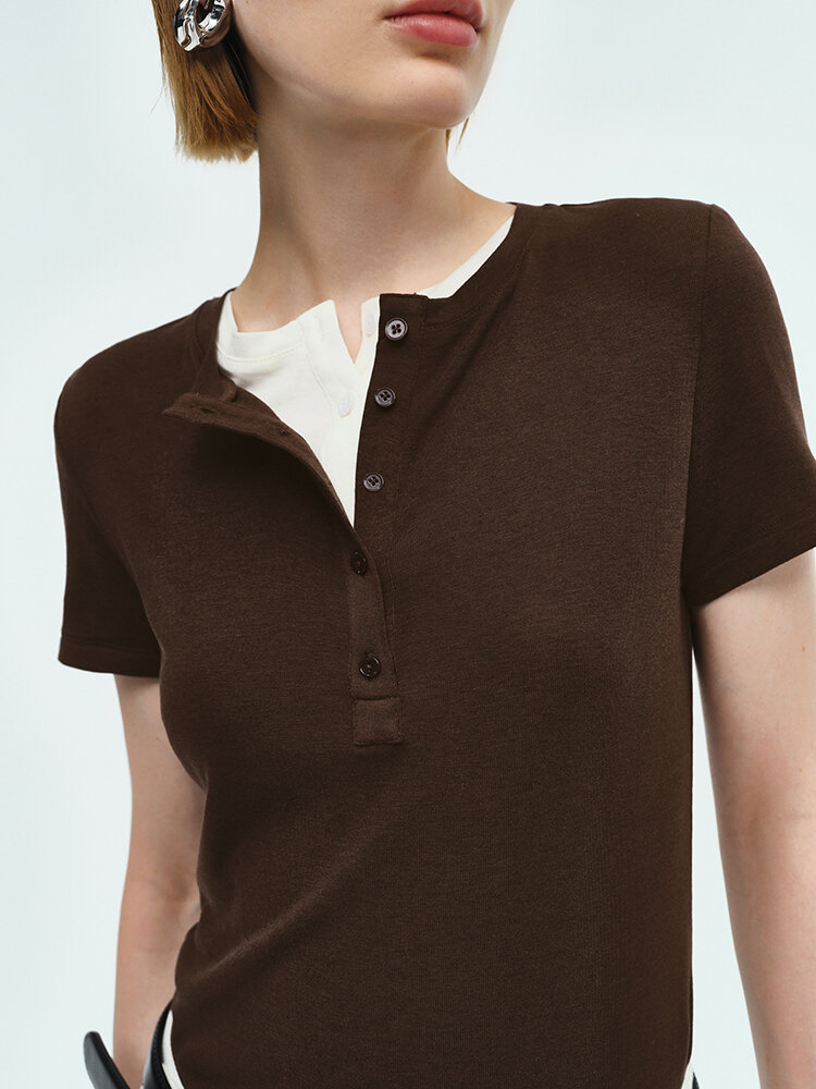 RoseLingLing Ultra-Fine Australian Silk Wool Blend Slimming Knit T-Shirt with Henley Collar for Women Casual Summer Style