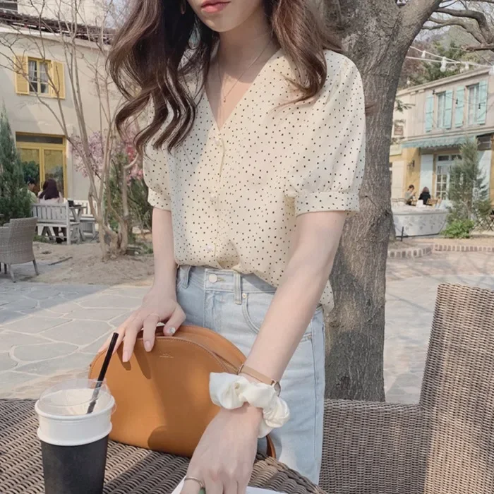 Chiffon Short-Sleeved Top for Women Korean Style Summer New Floral Elegant Design Sense Niche Polka Dot Shirt Clavicle Scheming Machine