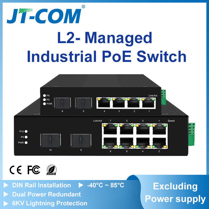 JT-COM Industrial 8-Port Gigabit Managed PoE Switch 4/8 Port 10/100/1000Mbps + 2 Port Gigabit SFP Slots DIN-Rail IP40 Standard IEEE802.3af/at