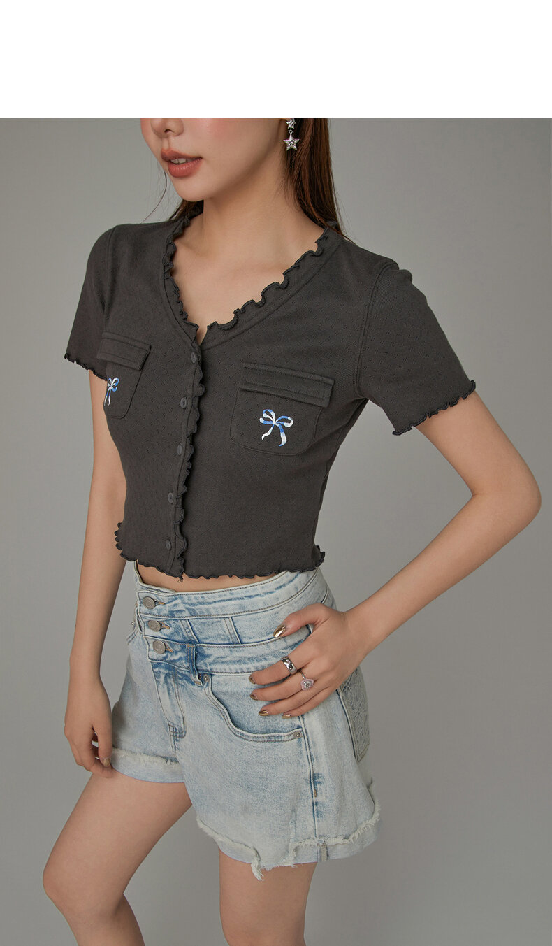 Chuu Butterfly Knot Embroidery Short Sleeve T-Shirt Women's New Summer Spicy Hollow out Ear Short Top Korean Style Cotton V-neck