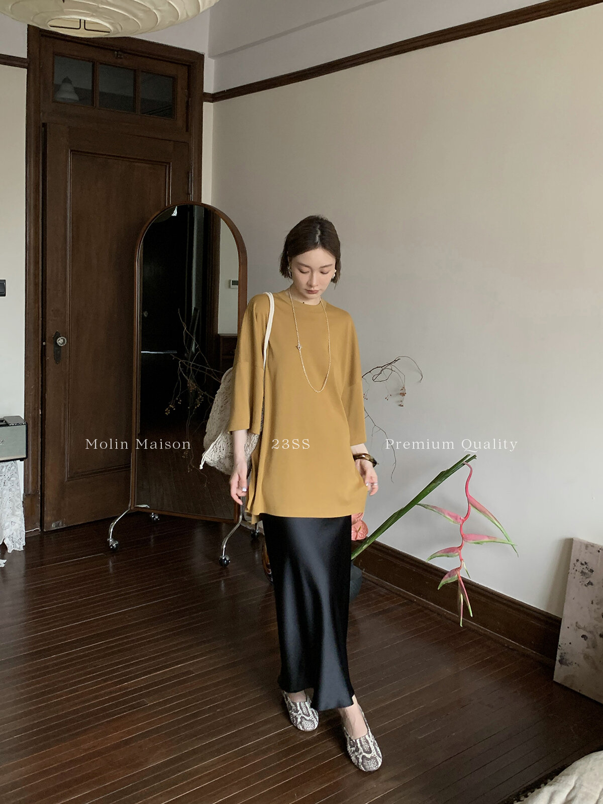 Molin ROW Batwing Sleeve T-Shirt Women's Loose Side Slit Oversize Summer Short Sleeve Cotton Polyester Blend round Neck Top