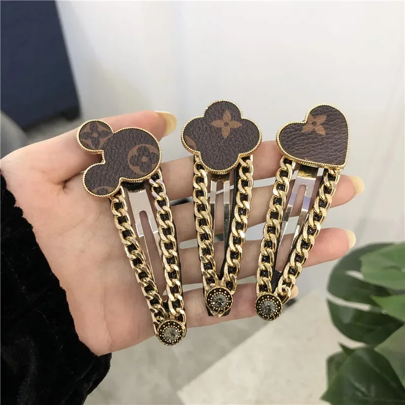 South Korea Dongdaemun High-Grade Leather Metal Chain Mickey Love Heart-Shaped Hairpin Women's Leather Bang Side Clip Hair Accessories Women