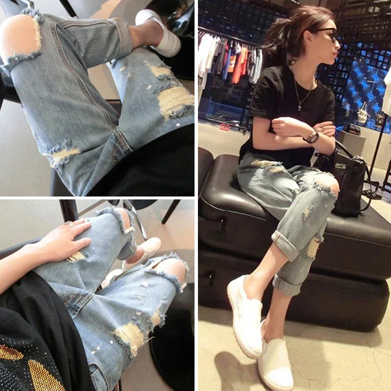 2020 New High Waist Cropped Jeans Women's Clothing Large Size Slimming Korean Style Beggar Ripped Long Skinny Pants