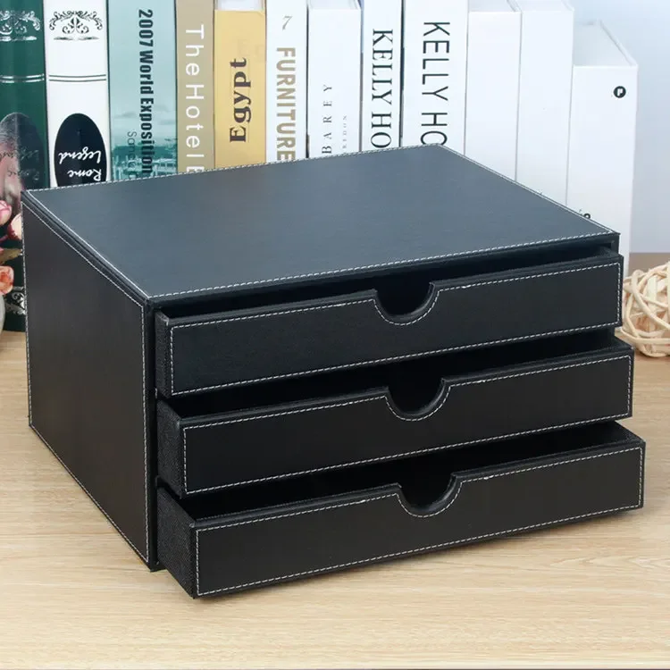 liran Leather File Cabinet Desktop Drawer-type Storage Box Office A4 File Organizing Cabinet Three Layer A4