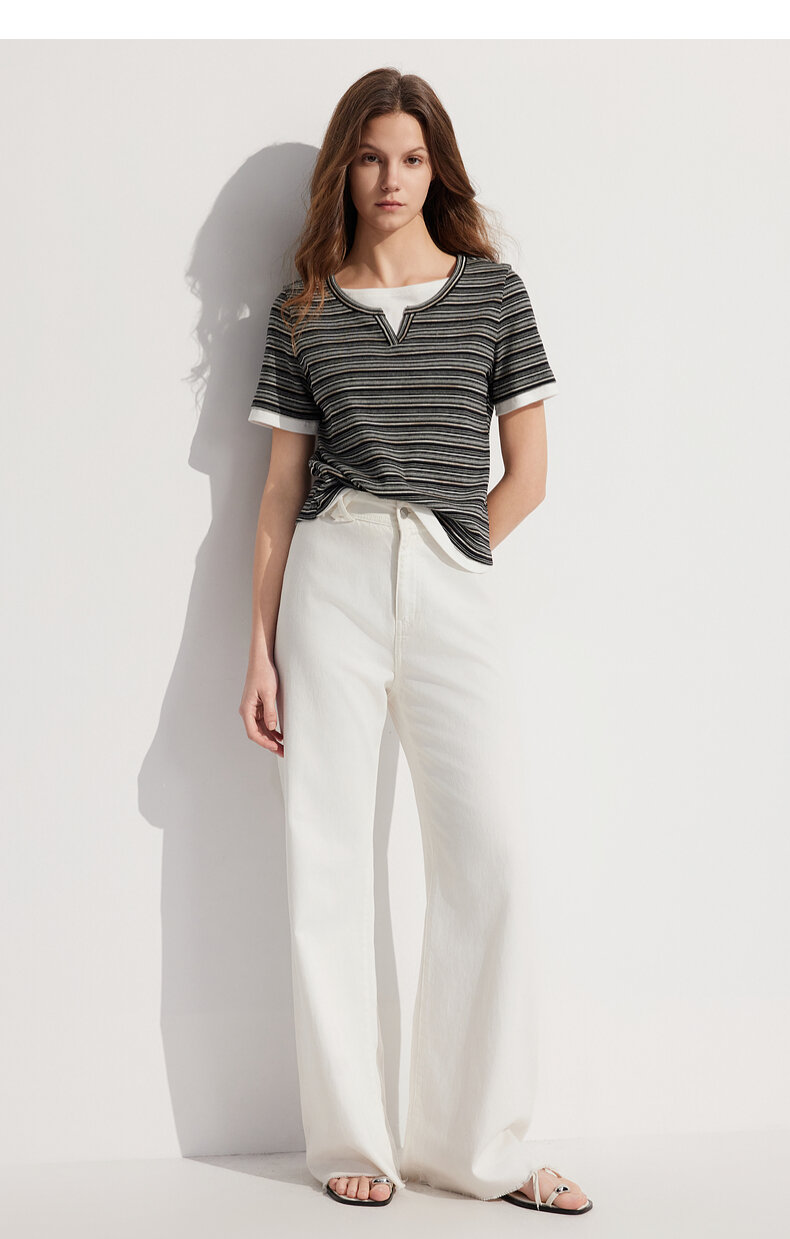 ELLE French Design Splice Color Striped Short Sleeve T-shirt for Women Simple Casual Summer 2024 New Arrival