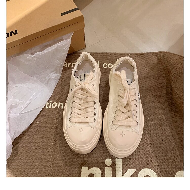 Women's Low Top round Toe Laced Canvas Shoes Thick Bottom Cross Pattern White Sneakers Worn in Dirty Looking Shoes · v11
