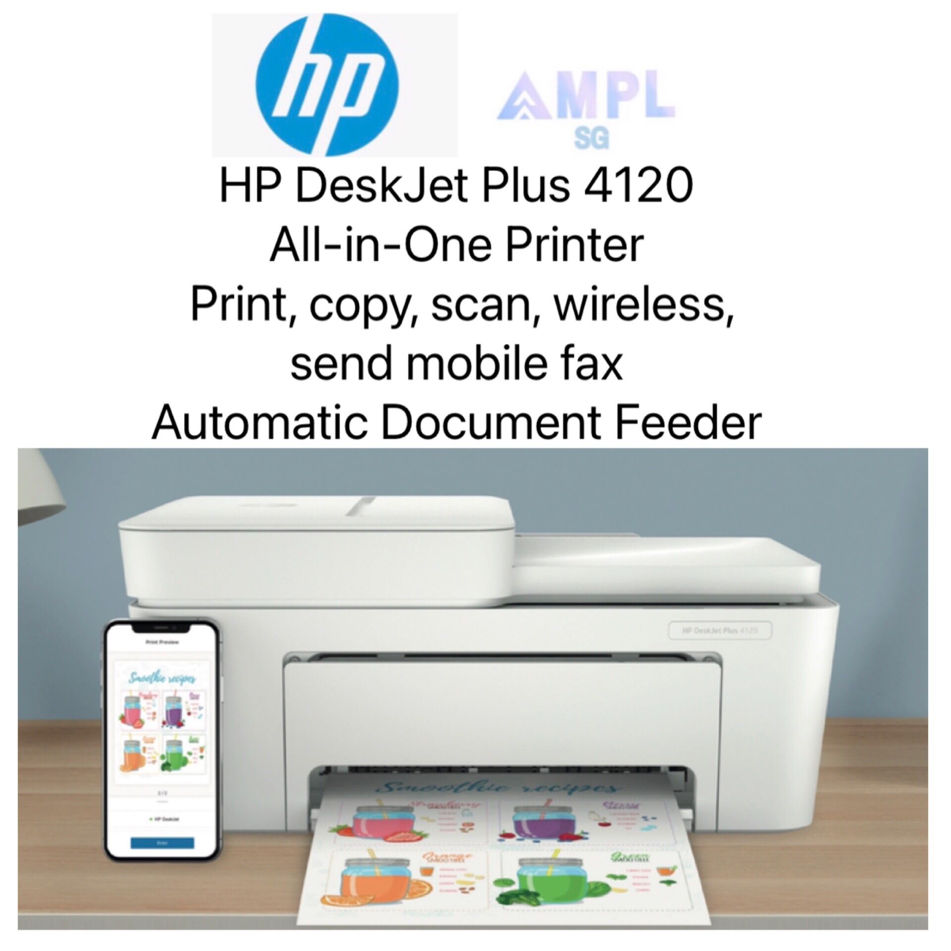 HP 4120 DeskJet Plus Color Printer - Print,Copy,Scan,Wireless,ADF, Send mobile fax *Orderable Supplies HP 67, 67xl, 67xxl* • 1 year onsite exchange warranty by HP Singapore Direct * Singapore