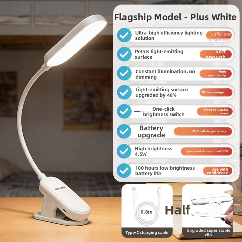 Philips | Philips Eye-Protection Reading Lamp Rechargeable Clip-On Desk Lamp for Student Dormitory Bedside Bookshelf Study Light