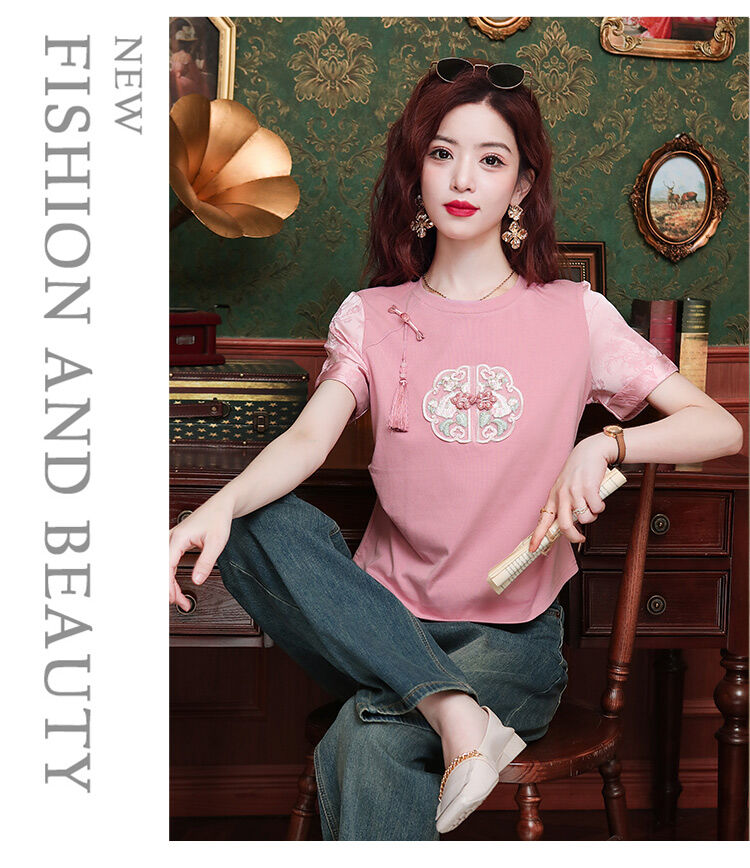 New Summer Chinese Style Women's Loose Fit Short Sleeve T-Shirt Embroidered Slimming Top Trendy round Neck Cotton Casual Wear · v3