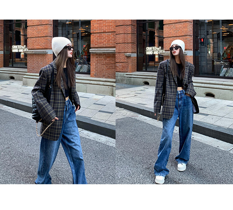 Chenmi Fan Blau Jeans mit hoher Taille und weitem Bein für Damen Herbst Neu Locker lässige gerade Hosen Hoch aussehende lange Hosen