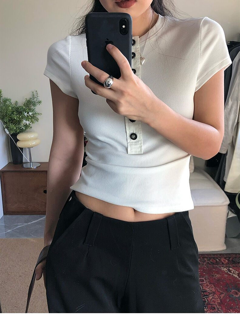 TROU NOIR Spring Summer New Style Women's Slim Fit White T-Shirt Henry Collar Short Sleeve Base Shirt round Neck Commute Simple · v3
