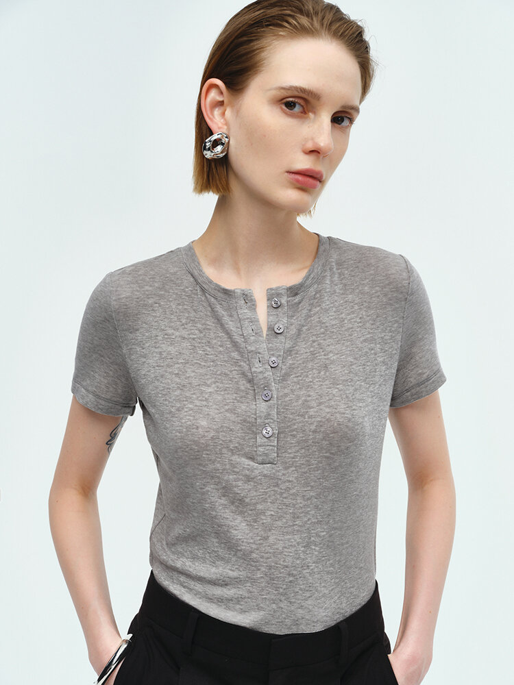 RoseLingLing Ultra-Fine Australian Silk Wool Blend Slimming Knit T-Shirt with Henley Collar for Women Casual Summer Style