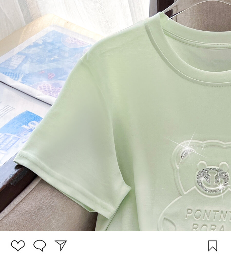 Summer New Pure Cotton Short Sleeve T-Shirt Women's Cartoon 3D Bear Heavy-duty Rhinestone Loose Half Sleeve Simple Trendy