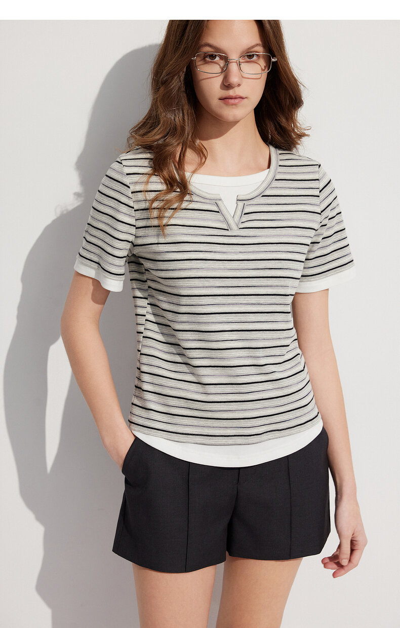 ELLE French Design Splice Color Striped Short Sleeve T-shirt for Women Simple Casual Summer 2024 New Arrival