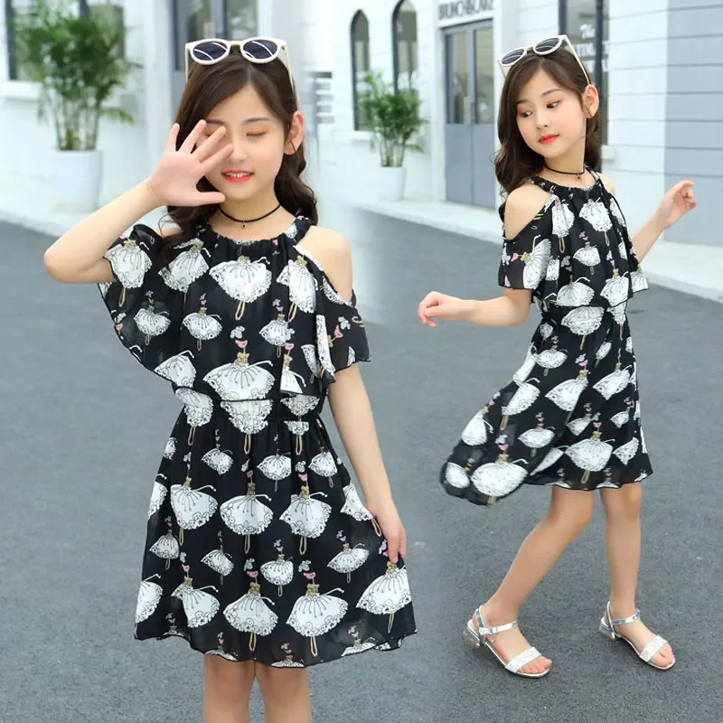 Girls' 2021 New Fashionable Children's Clothing Summer Dress Korean Style Fashionable off Shoulder Princess Dress Fashion for Middle and Big Children and Girls
