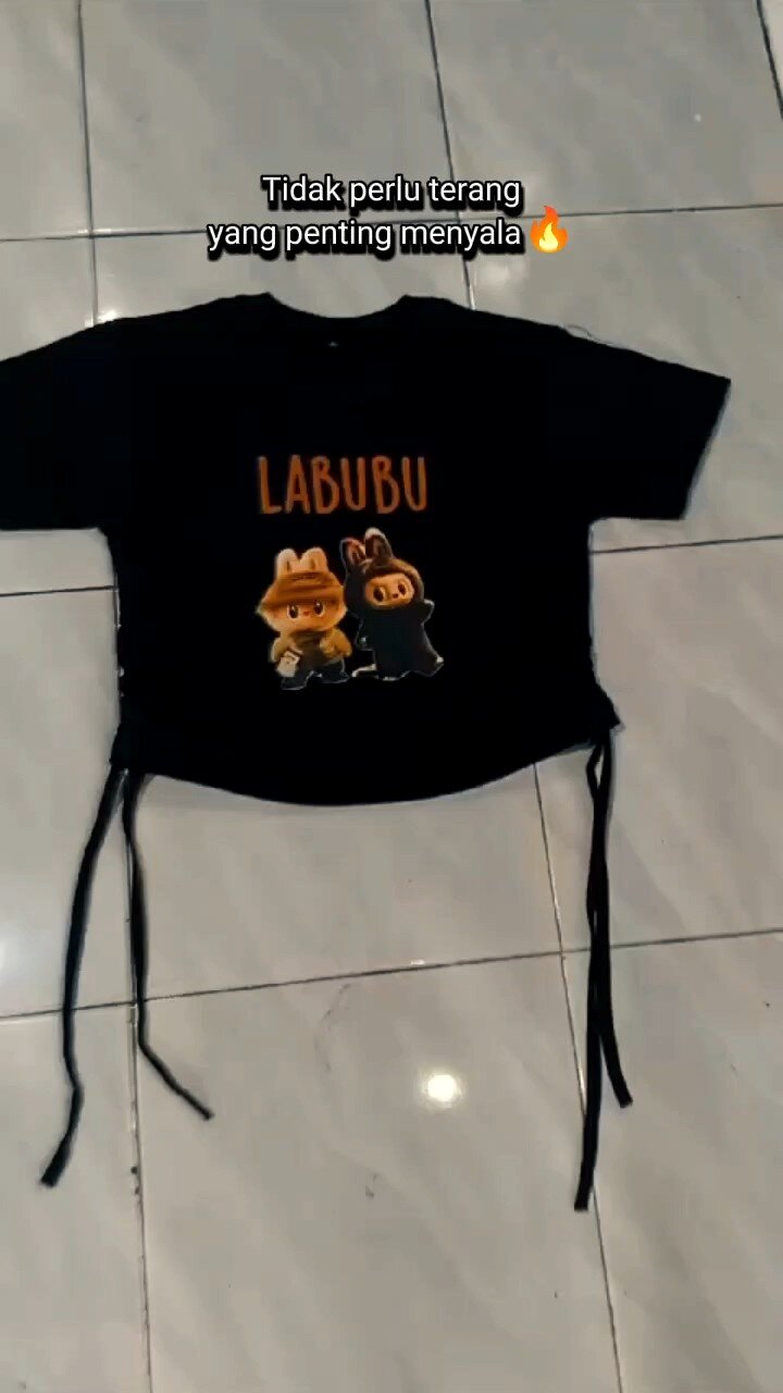 T-SHIRT Crop Kaos Serut Tali Anak Perempuan Motip Labubu Usia 1-11 Tahun Fashion Cotton