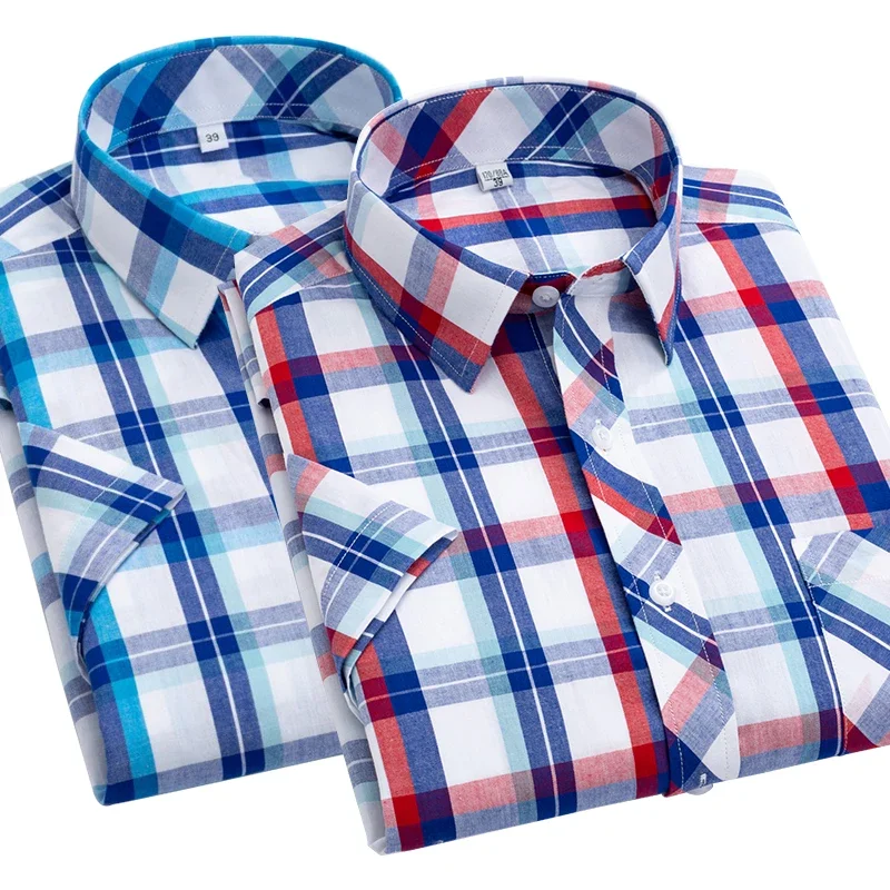 Summer Men's plus Size Plaid Cotton Short-Sleeved Shirt Half-Length Sleeve Thin Shirt Casual Half-Sleeved Shirt Fashion