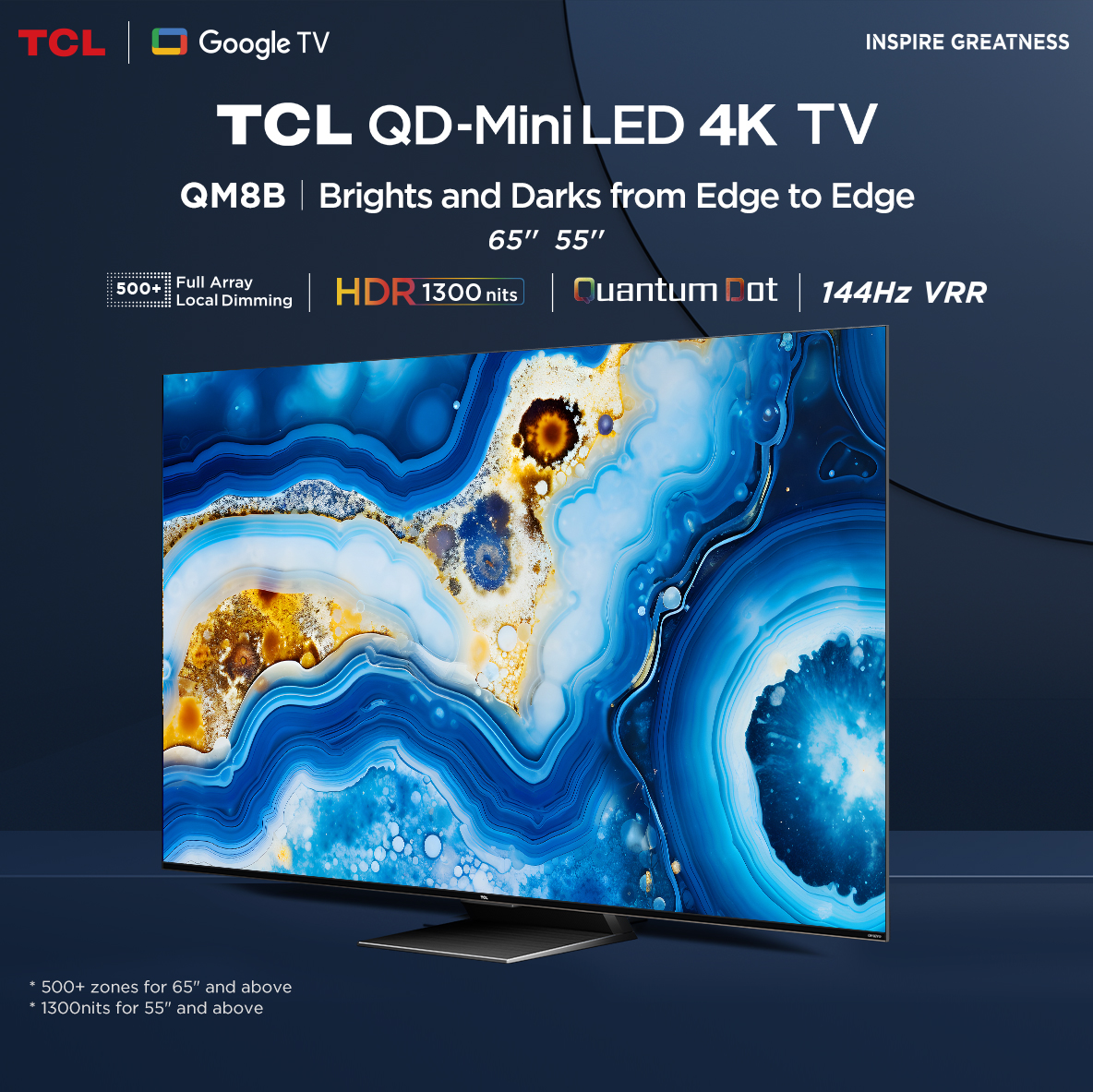TCL QM8B QD Mini QLED Google TV l Google/Gaming TV/Netflix & Youtube & 144HZ VRR - Wifi , IMAX, Game Master 2.0, Freesync Premium, Dolby Vision & Atmos ราคา 26,990 บาท*ส่งฟรี