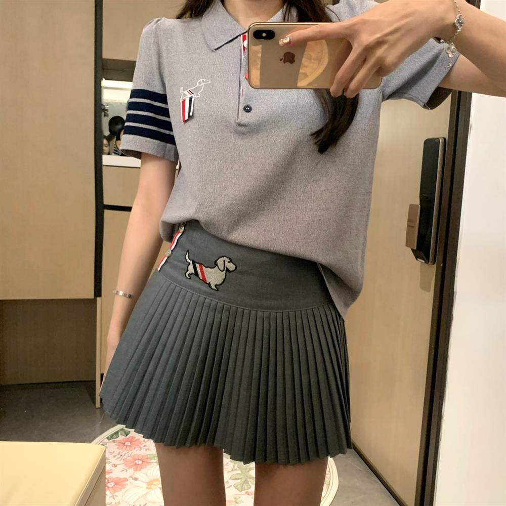 TB Thom Women's Summer Short Sleeve T-shirt with Embroidered Dog Cartoon and POLO Collar Slim Fit Regular Thickness for 18-24 Years Old